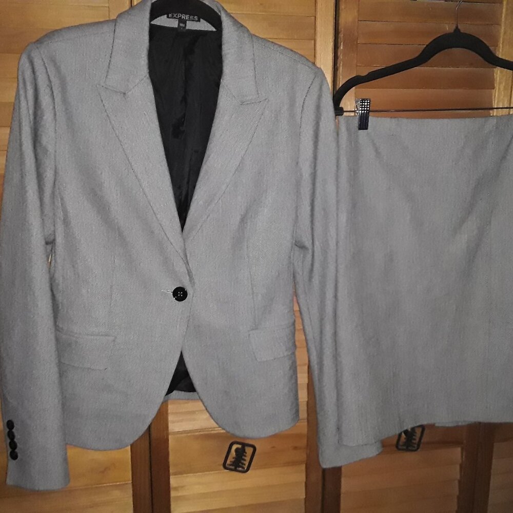 Vintage Express SZ 8 Silver Gray Birdseye Print Blazer Skirt & Jacket Suit Set